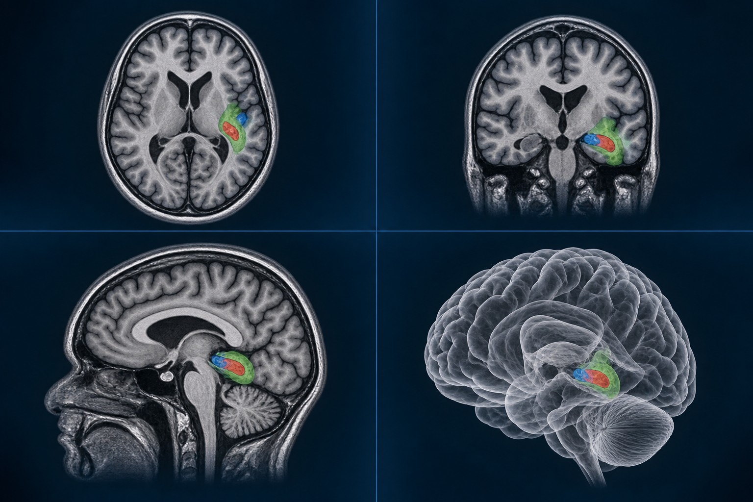 Salynt’s conceptual brain illustration in four views with colored regions; not a patient scan.